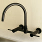 Kingston Brass Concord 8 in. Centerset Wall Mount Kitchen Faucet (KS8175) Oil Rubbed Bronze on a beige wall above a sink.