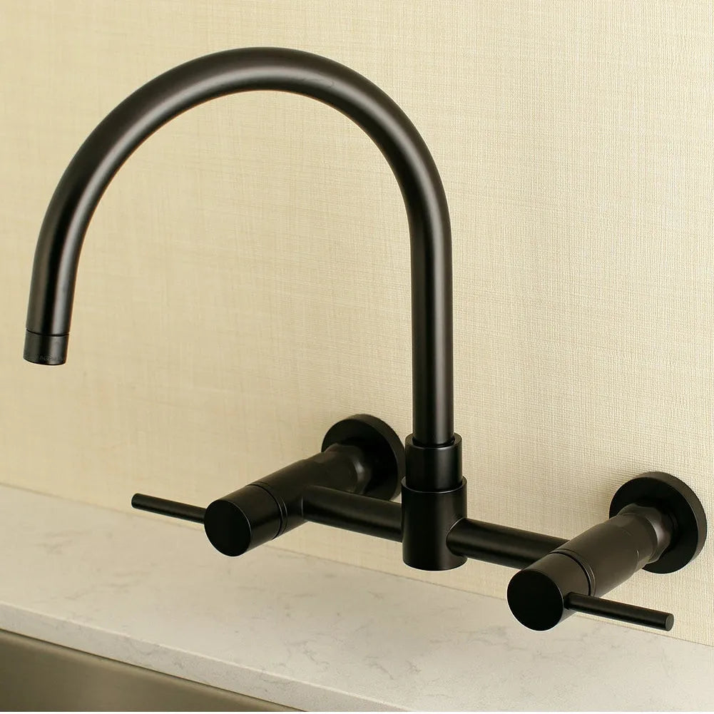 Kingston Brass Concord 8 in. Centerset Wall Mount Kitchen Faucet (KS8175) Oil Rubbed Bronze on a beige wall above a sink.