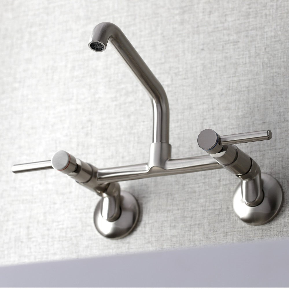 Kingston Brass Concord Two-Handle Wall-Mount Kitchen Faucet (KS823SN) Brushed Nickel on a light gray background