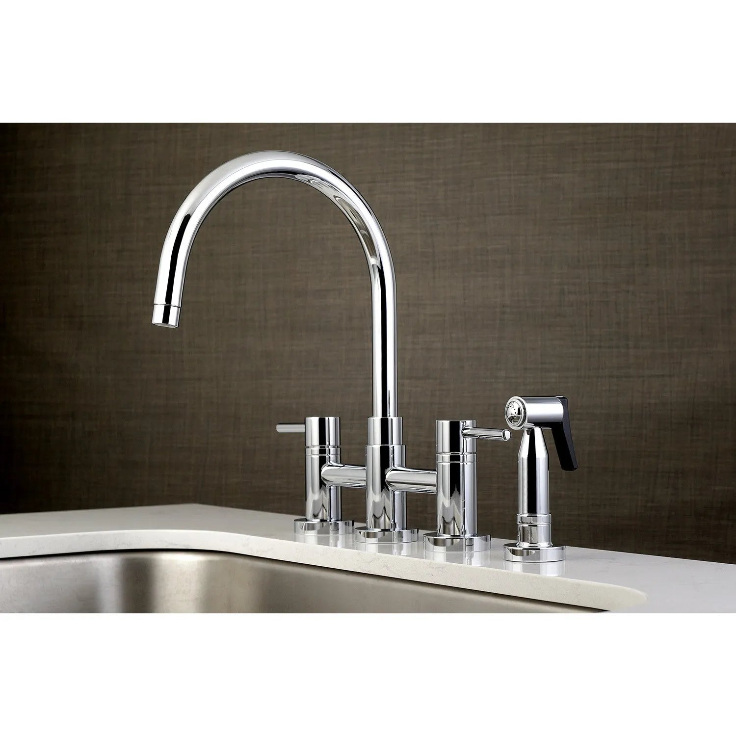 Kingston Brass Concord Two-Handle Bridge Kitchen Faucet with Brass Side Sprayer (KS8271DLBS) Polished Chrome