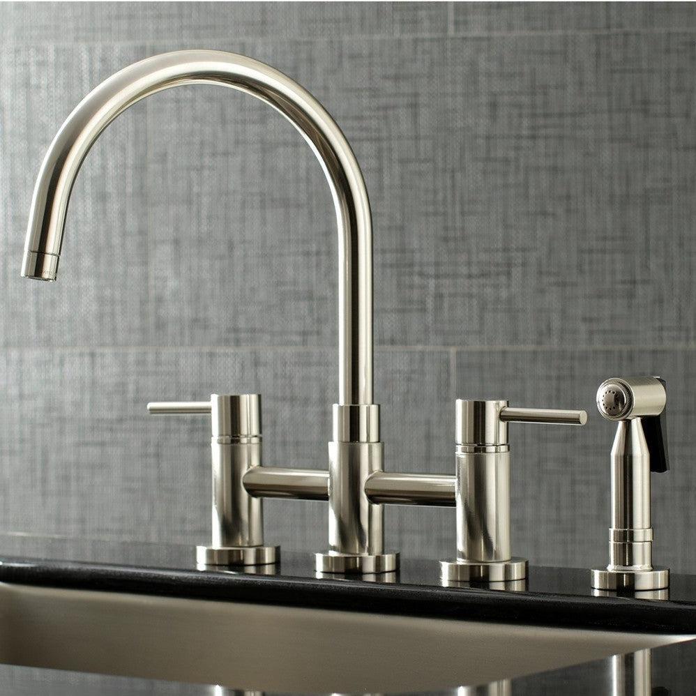 Kingston Brass Concord Two-Handle Bridge Kitchen Faucet with Brass Side Sprayer (KS8278DLBS) Brushed Nickel