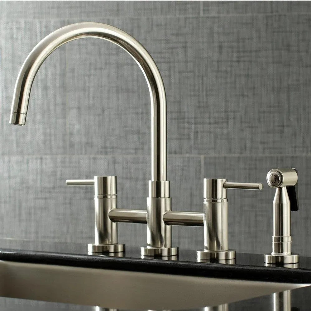 Kingston Brass Concord Two-Handle Bridge Kitchen Faucet with Brass Side Sprayer (KS8278DLBS) Brushed Nickel