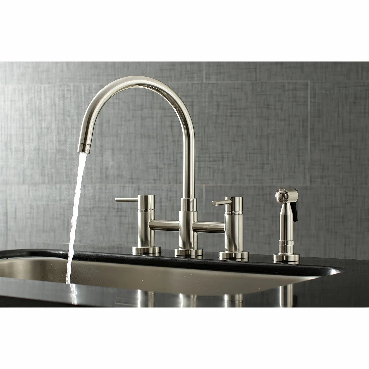 Kingston Brass Concord Two-Handle Bridge Kitchen Faucet with Brass Side Sprayer (KS8278DLBS) Brushed Nickel