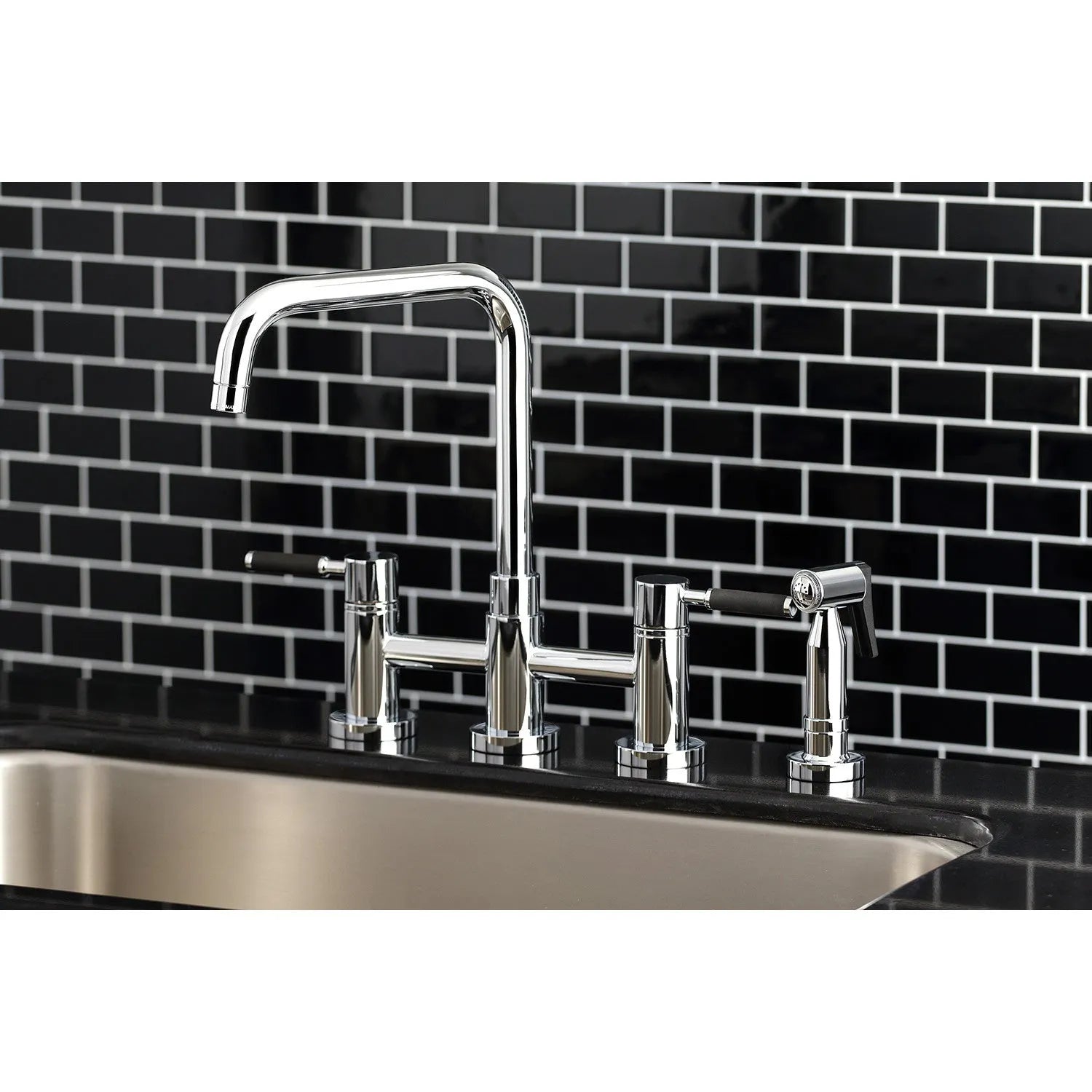 Kingston Brass Concord Two-Handle Bridge Kitchen Faucet with Brass Side Sprayer (KS8281DKLBS) Polished Chrome