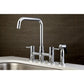 Kingston Brass Concord Two-Handle Bridge Kitchen Faucet with Brass Sprayer (KS8281DLBS) Polished Chrome on a countertop against a brown wall.