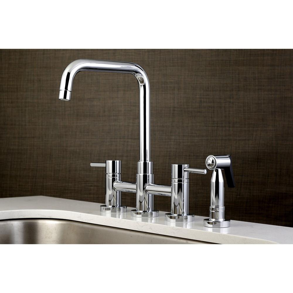 Kingston Brass Concord Two-Handle Bridge Kitchen Faucet with Brass Sprayer (KS8281DLBS) Polished Chrome on a countertop against a brown wall.