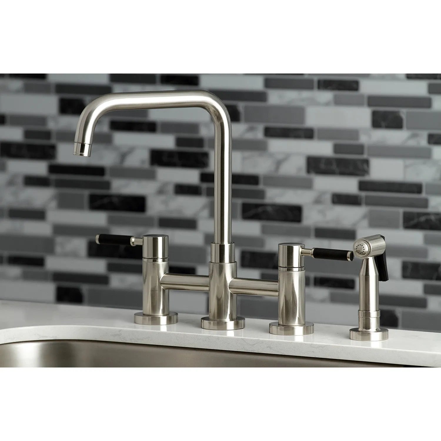 Kingston Brass Concord Two-Handle Bridge Kitchen Faucet with Brass Side Sprayer (KS8288DKLBS) Brushed Nickel