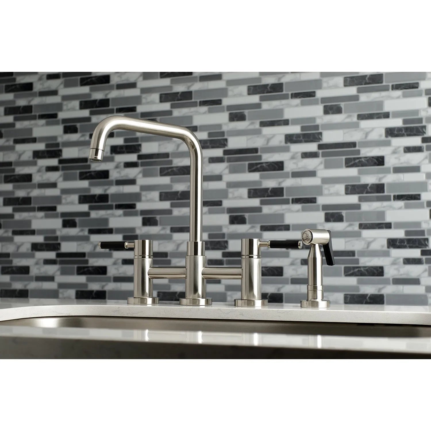 Kingston Brass Concord Two-Handle Bridge Kitchen Faucet with Brass Side Sprayer (KS8288DKLBS) Brushed Nickel
