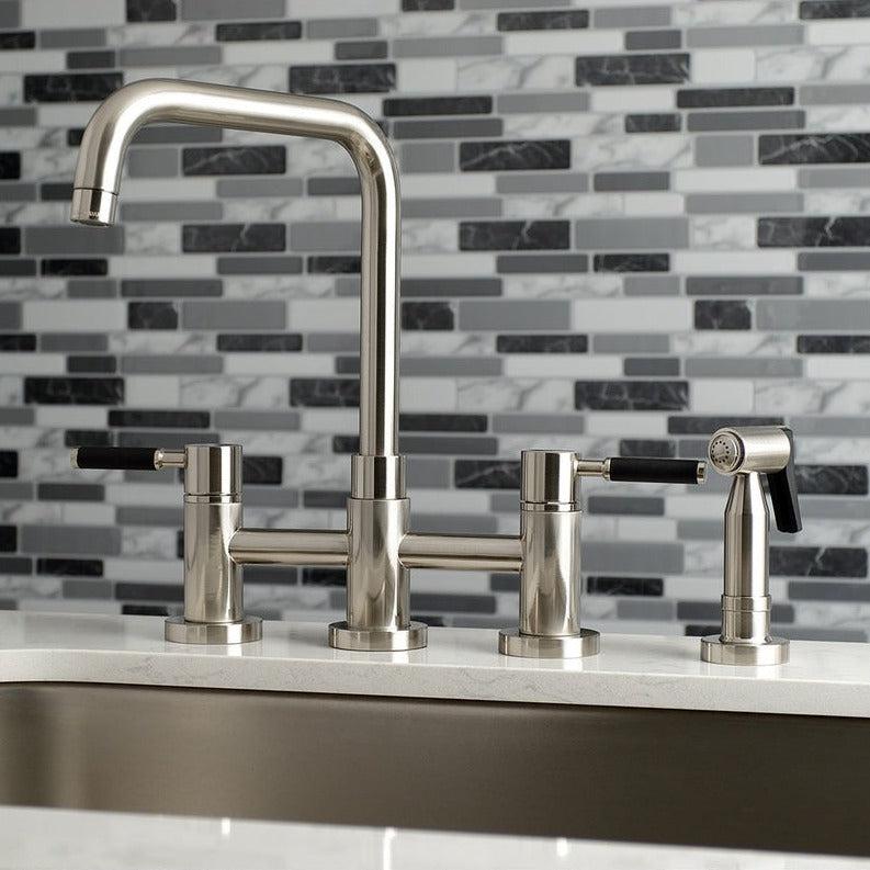 Kingston Brass Concord Two-Handle Bridge Kitchen Faucet with Brass Side Sprayer (KS8288DKLBS) Brushed Nickel