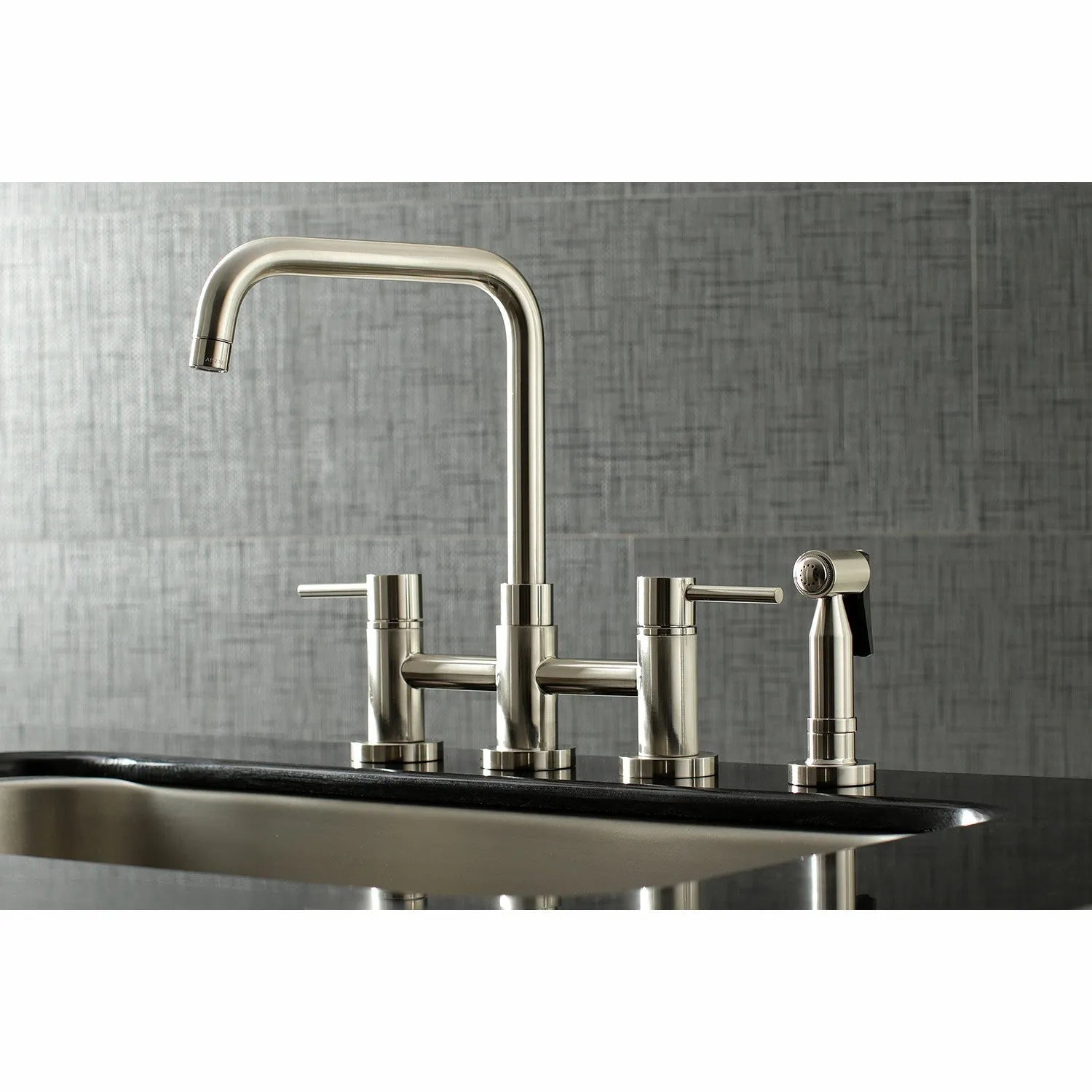 Kingston Brass Concord Two-Handle Bridge Kitchen Faucet with Brass Sprayer (KS8288DLBS) Brushed Nickel