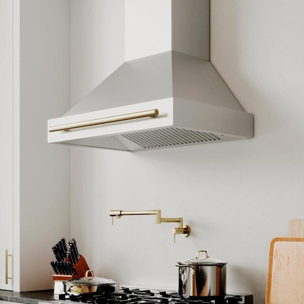 ZLINE Autograph Edition 36 in. Stainless Steel Range Hood with Stainless Steel Shell and Handle (8654STZ-36) in a luxury farmhouse-style kitchen with matching appliances and fixtures from side.
