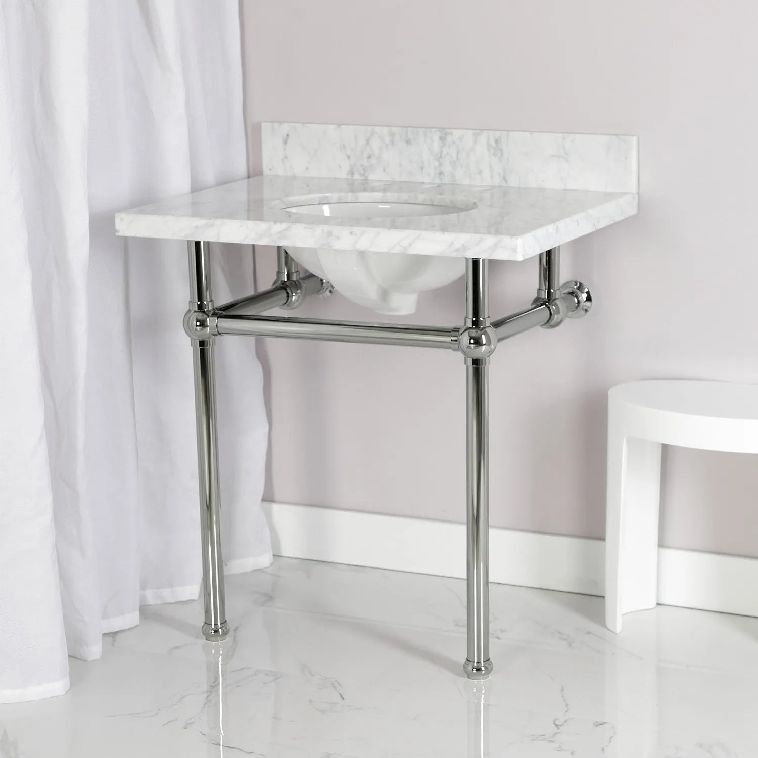Kingston Brass Templeton 30" x 22" Carrara Marble Vanity Top with Brass Console Legs Carrara Marble/Polished Chrome