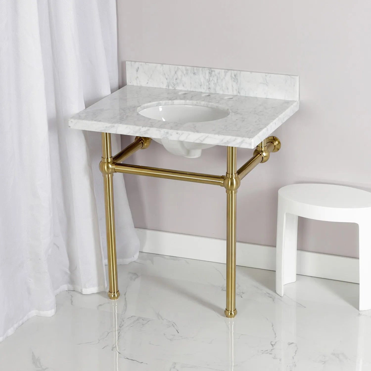 Kingston Brass Templeton 30" x 22" Carrara Marble Vanity Top with Brass Console Legs Carrara Marble/Brushed Brass