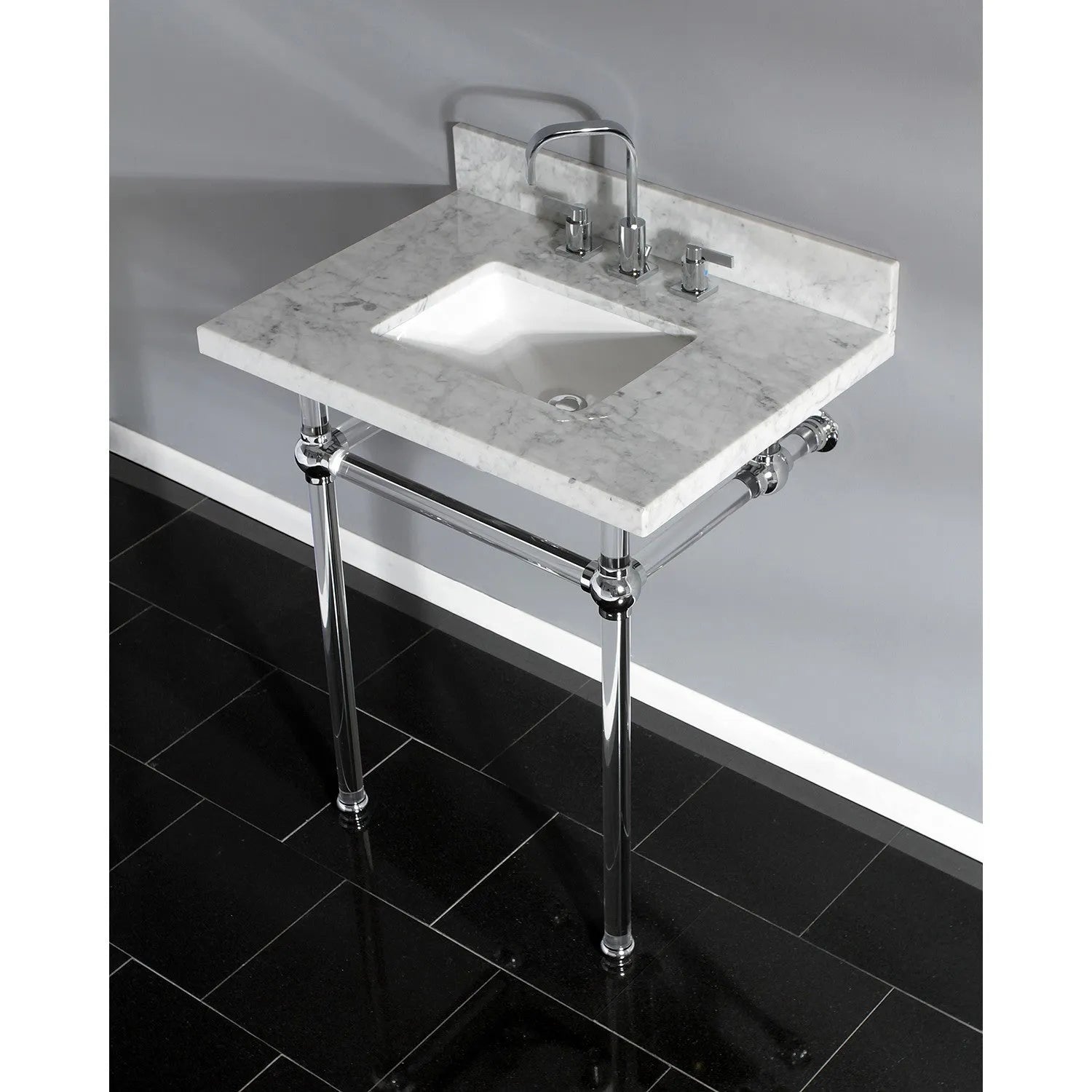 Kingston Brass Templeton 30" x 22" Carrara Marble Vanity Top with Clear Acrylic Console Legs in Polished Chrome