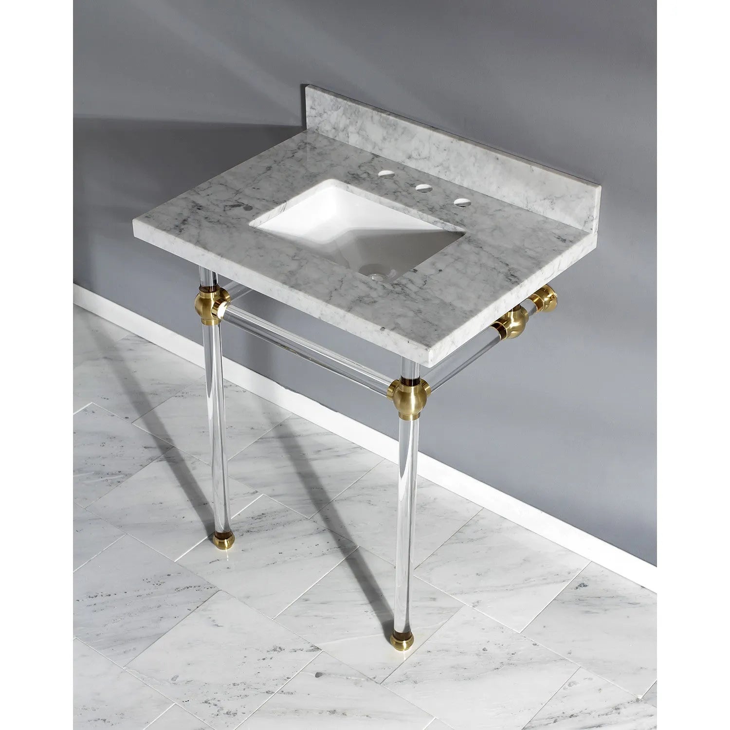 Kingston Brass Templeton 30" x 22" Carrara Marble Vanity Top with Clear Acrylic Console Legs in Brushed Brass