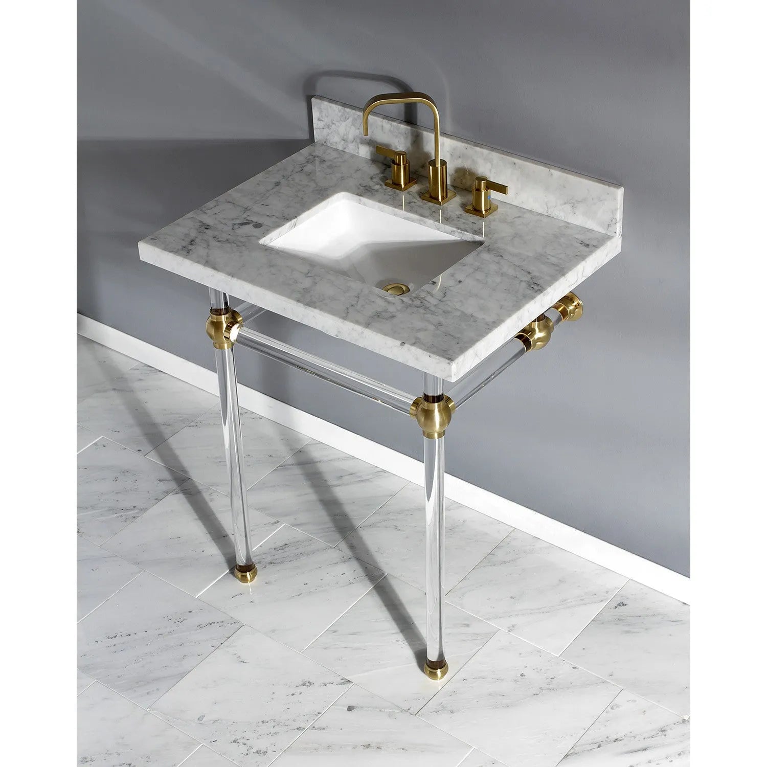 Kingston Brass Templeton 30" x 22" Carrara Marble Vanity Top with Clear Acrylic Console Legs in Brushed Brass