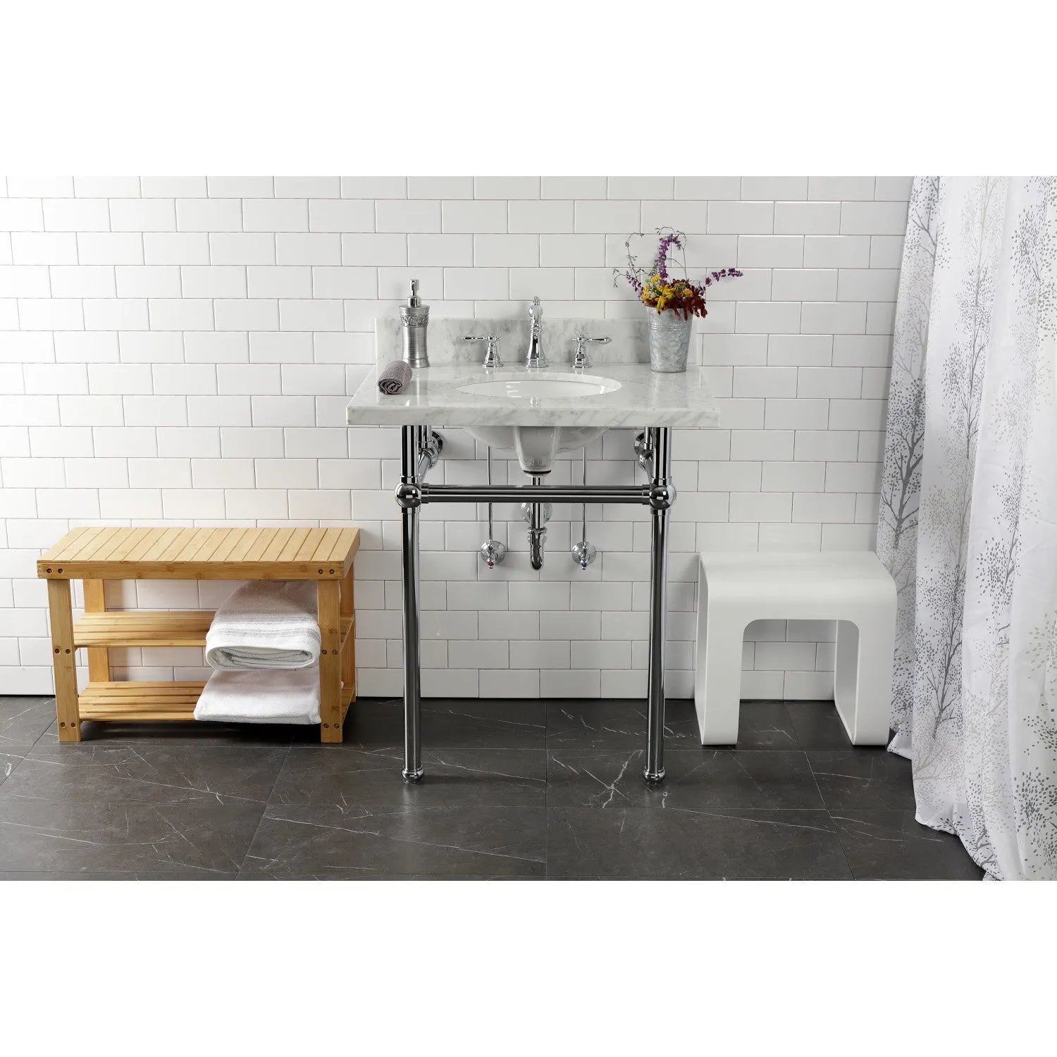 Kingston Brass Templeton 30" x 22" Carrara Marble Vanity Top with Brass Console Legs Carrara Marble/Polished Chrome