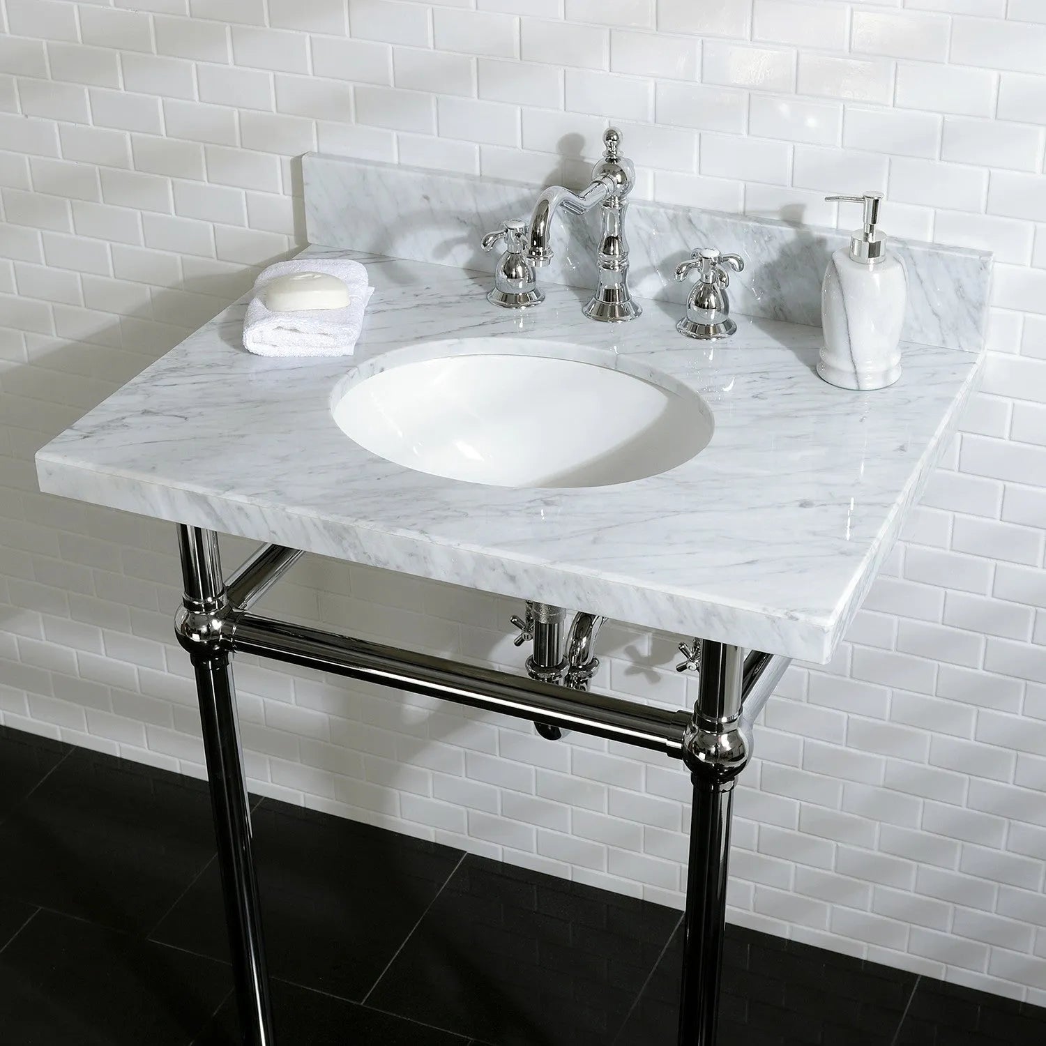 Kingston Brass Templeton 30" x 22" Carrara Marble Vanity Top with Brass Console Legs Carrara Marble/Polished Chrome