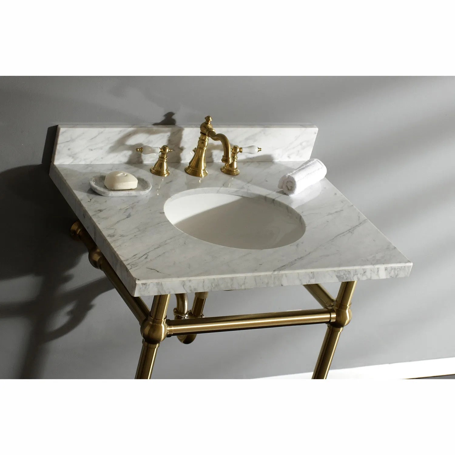 Kingston Brass Templeton 30" x 22" Carrara Marble Vanity Top with Brass Console Legs Carrara Marble/Brushed Brass