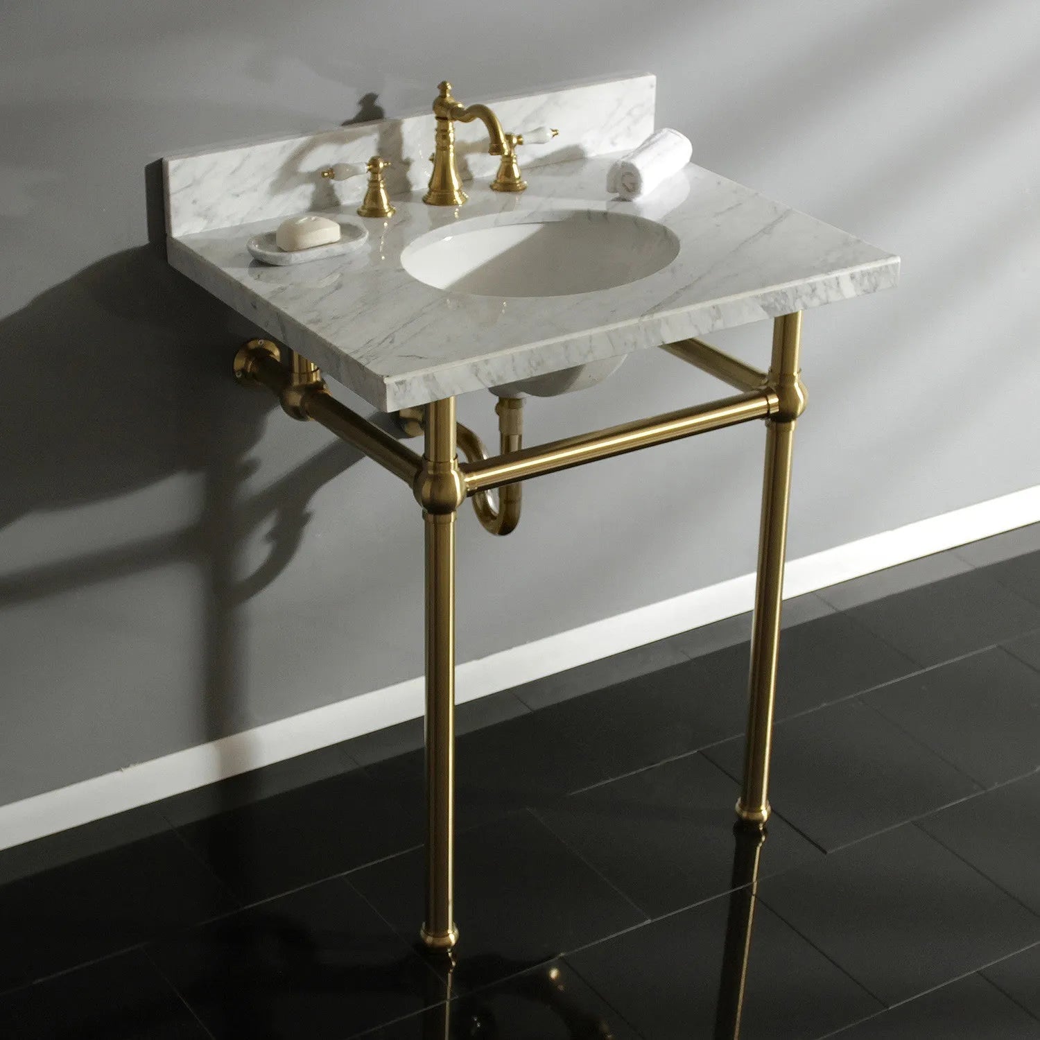 Kingston Brass Templeton 30" x 22" Carrara Marble Vanity Top with Brass Console Legs Carrara Marble/Brushed Brass