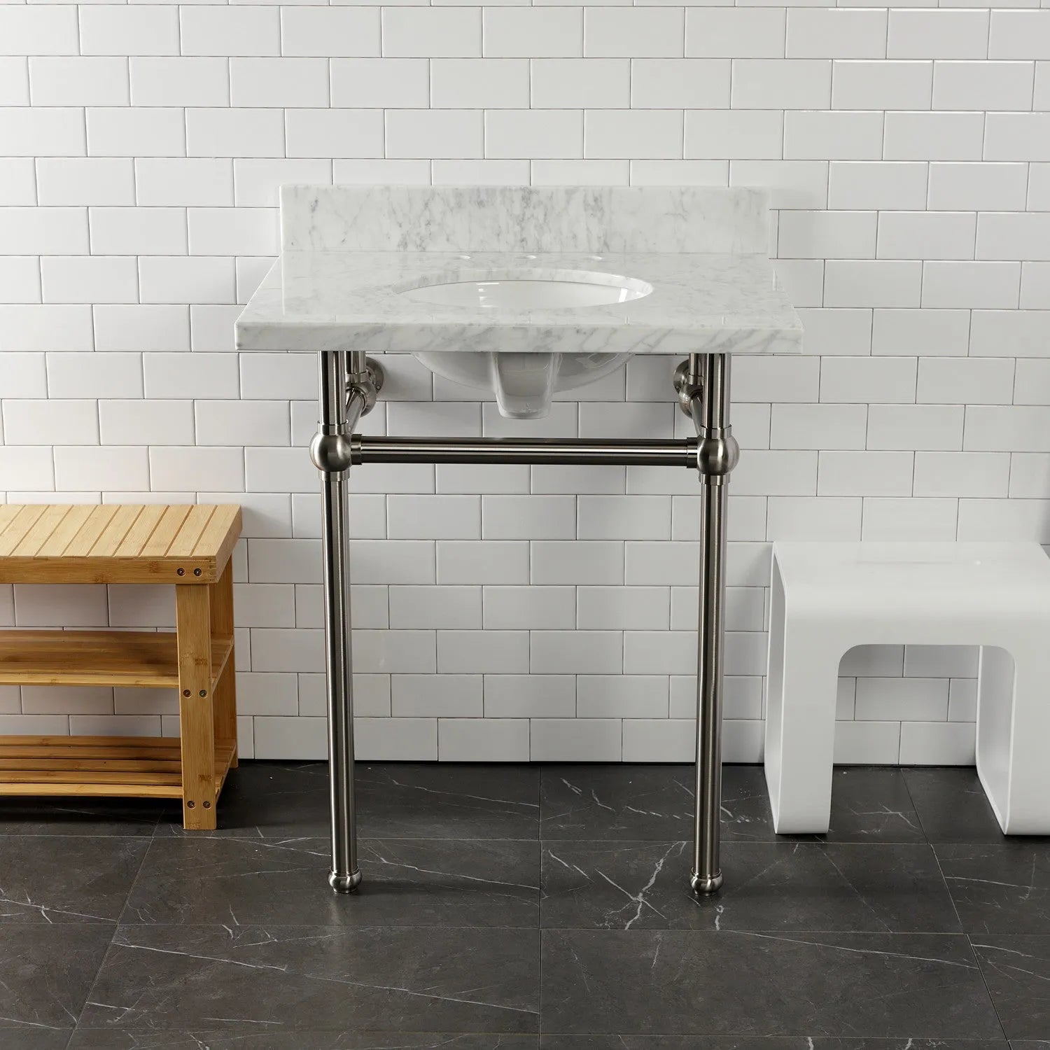 Kingston Brass Templeton 30" x 22" Carrara Marble Vanity Top with Brass Console Legs Carrara Marble/Brushed Nickel