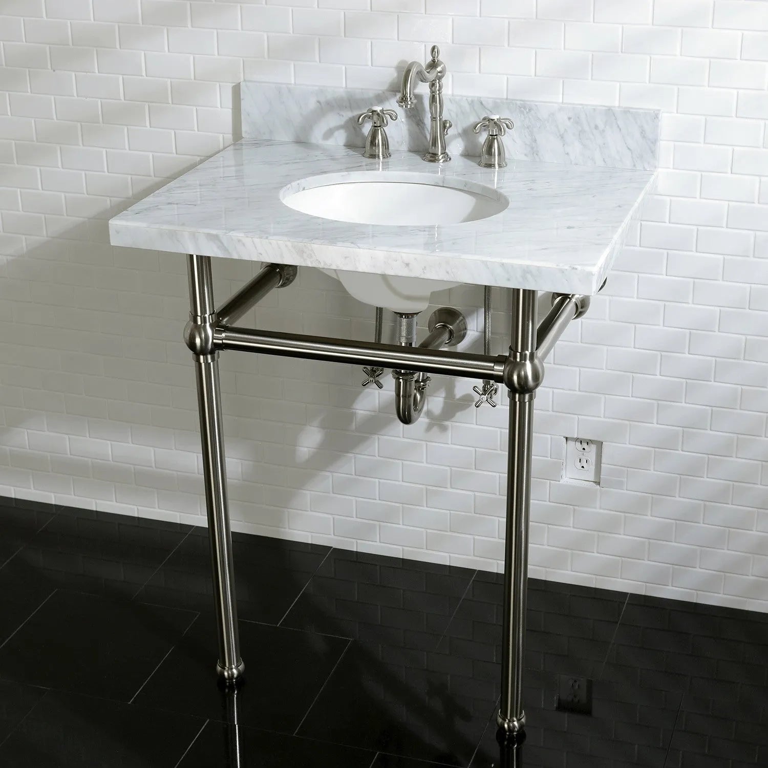 Kingston Brass Templeton 30" x 22" Carrara Marble Vanity Top with Brass Console Legs Carrara Marble/Brushed Nickel