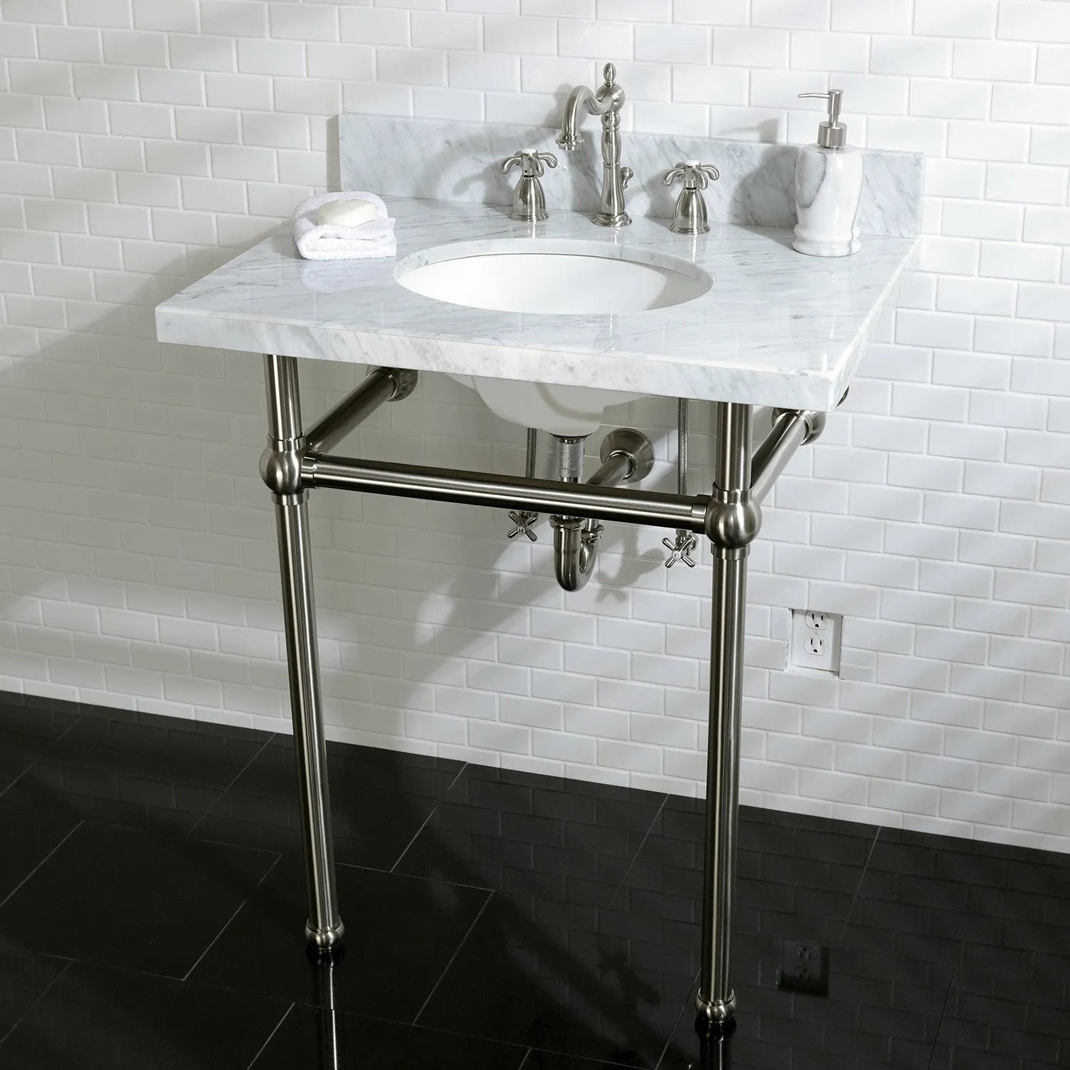 Kingston Brass Templeton 30" x 22" Carrara Marble Vanity Top with Brass Console Legs Carrara Marble/Brushed Nickel