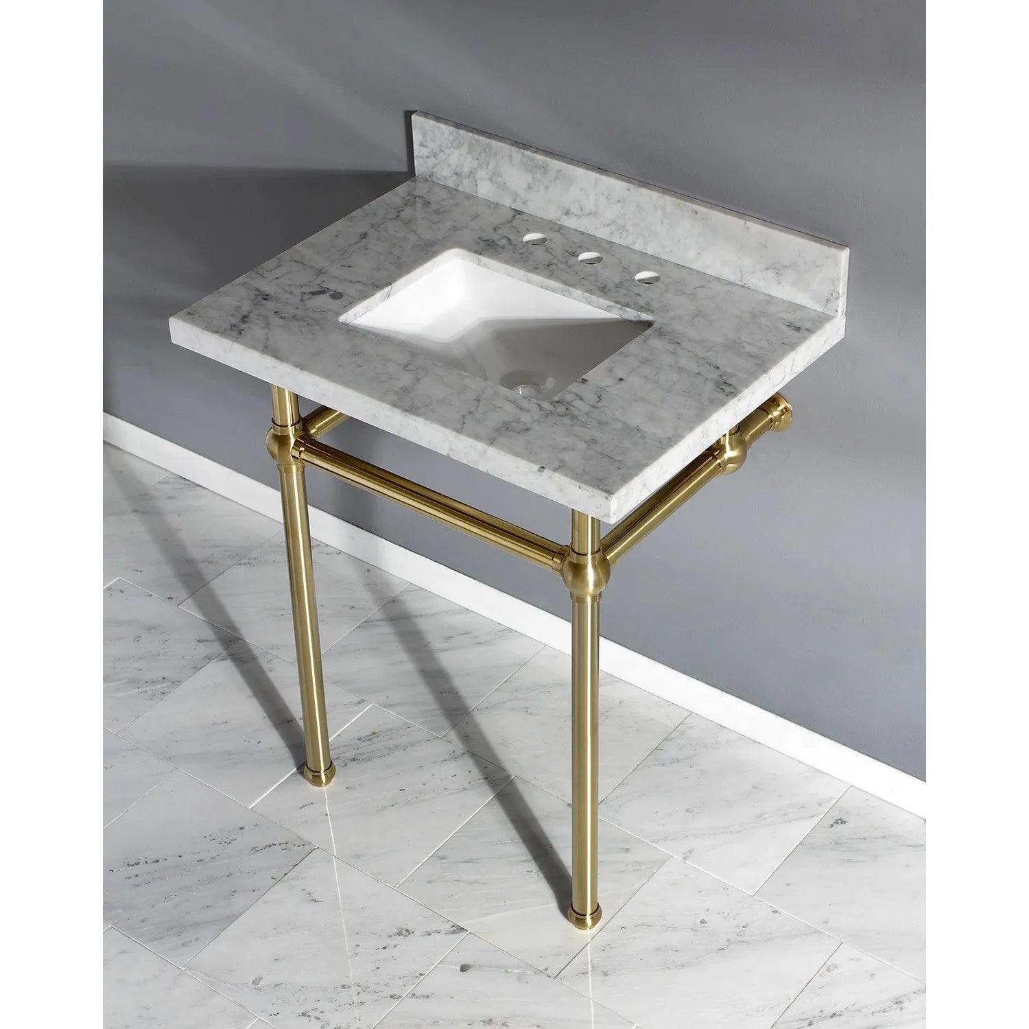 Kingston Brass Templeton 30" x 22" Carrara Marble Vanity Top with Brass Console Legs Carrara Marble/Brushed Brass