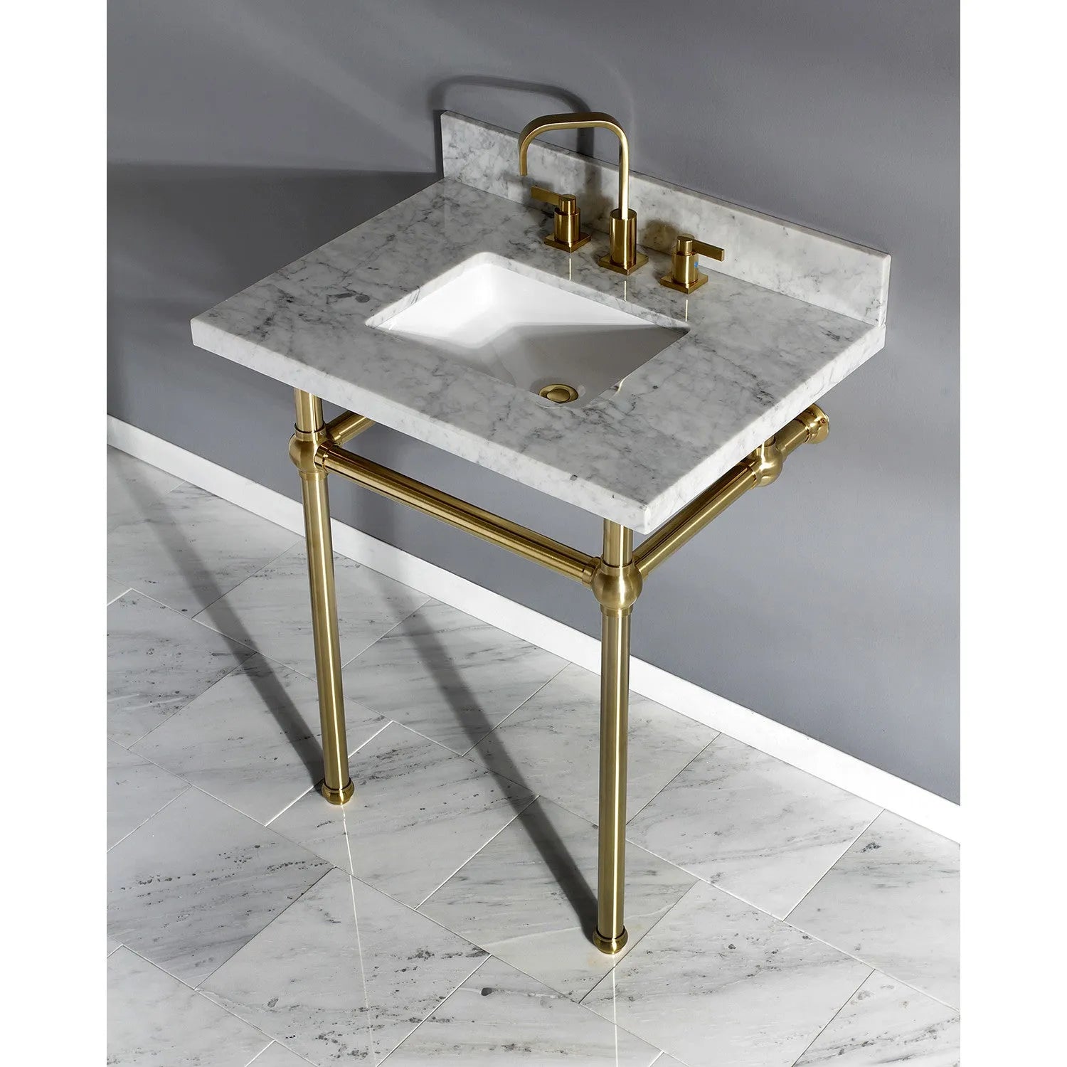 Kingston Brass Templeton 30" x 22" Carrara Marble Vanity Top with Brass Console Legs Carrara Marble/Brushed Brass