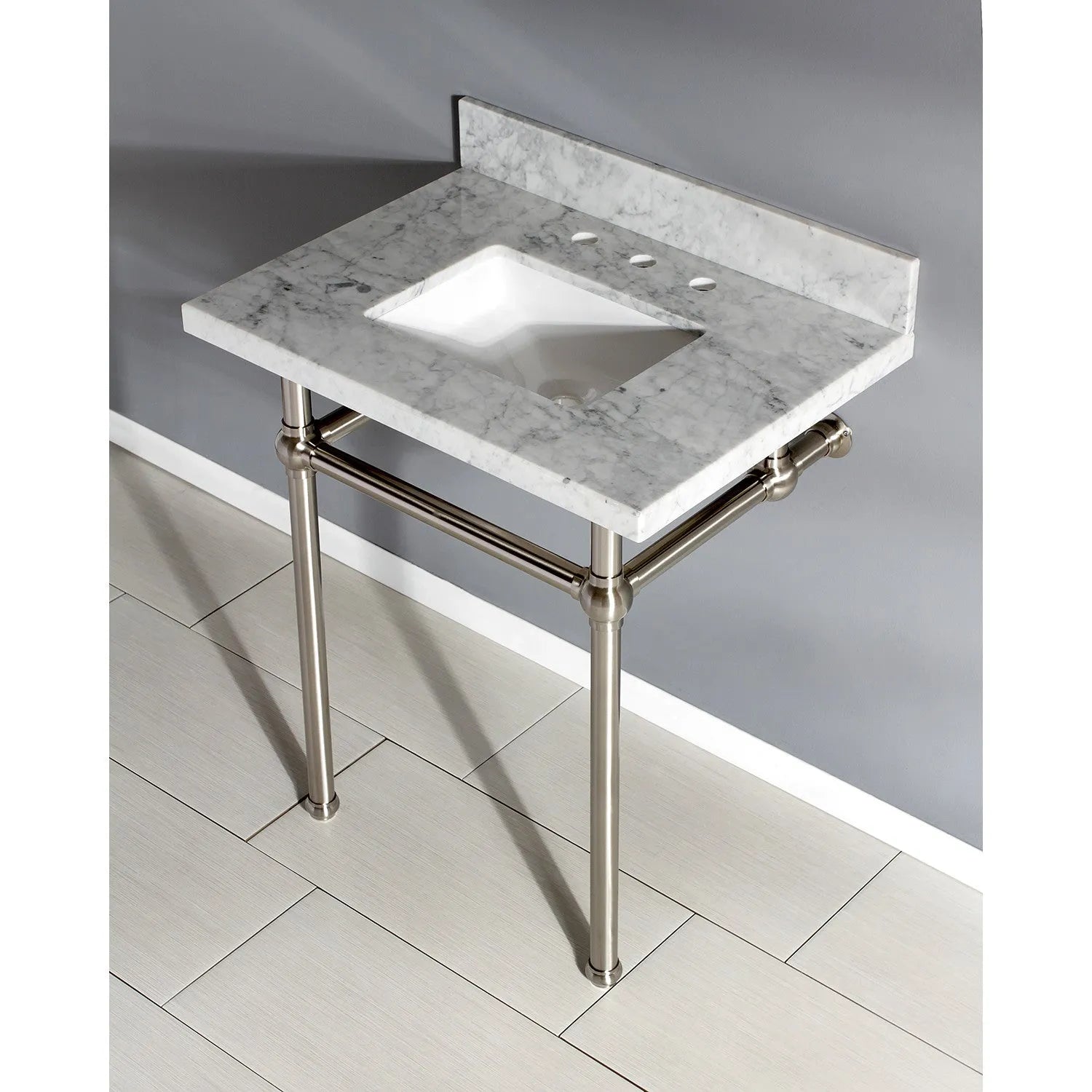 Kingston Brass Templeton 30" x 22" Carrara Marble Vanity Top with Brass Console Legs Carrara Marble/Brushed Nickel