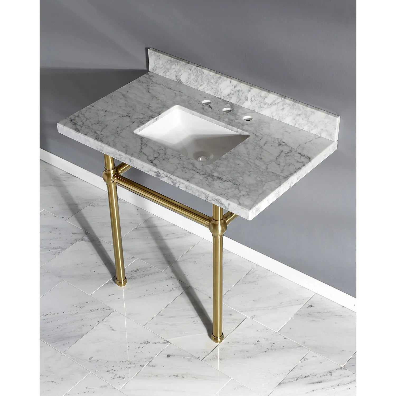 Kingston Brass Templeton 36" x 22" Carrara Marble Vanity Top with Brass Console Legs Carrara Marble/Brushed Brass