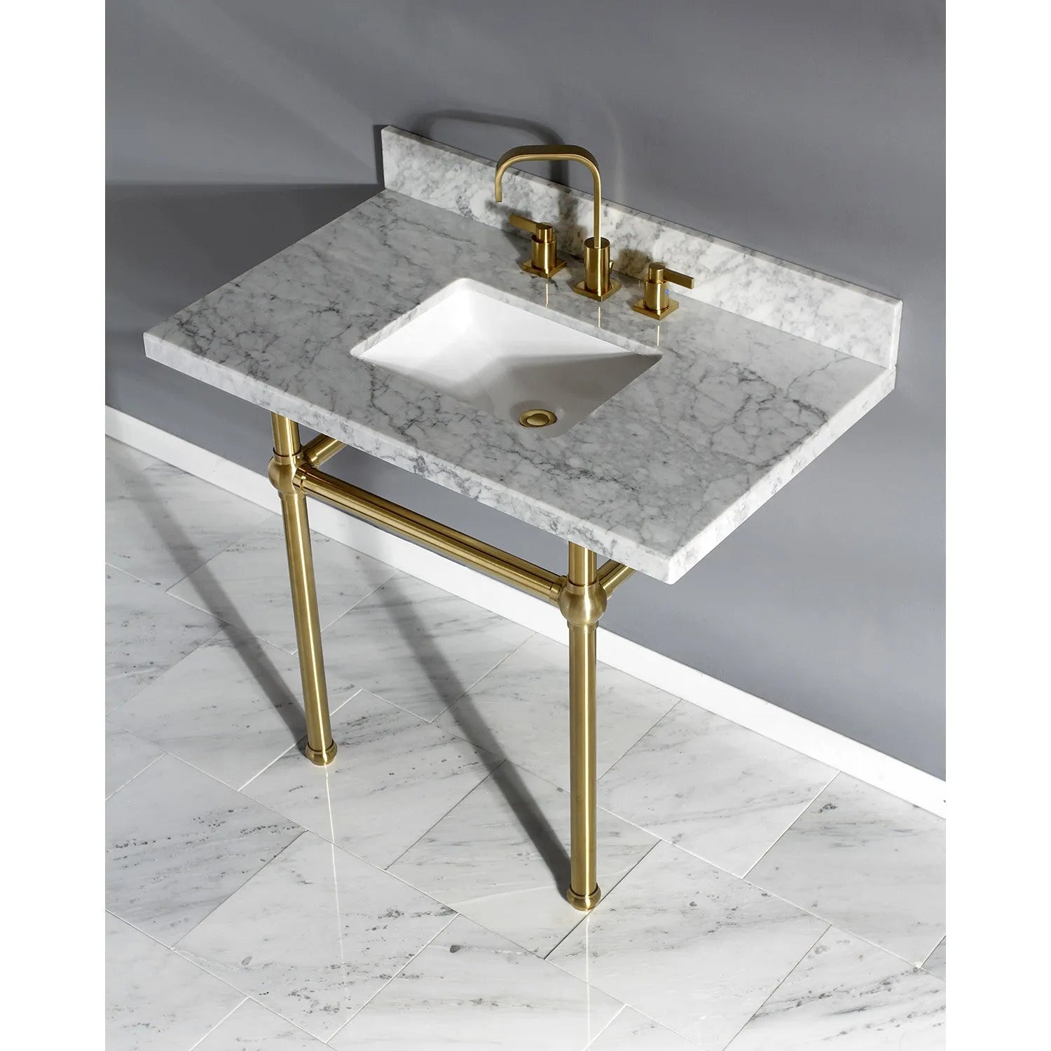 Kingston Brass Templeton 36" x 22" Carrara Marble Vanity Top with Brass Console Legs Carrara Marble/Brushed Brass