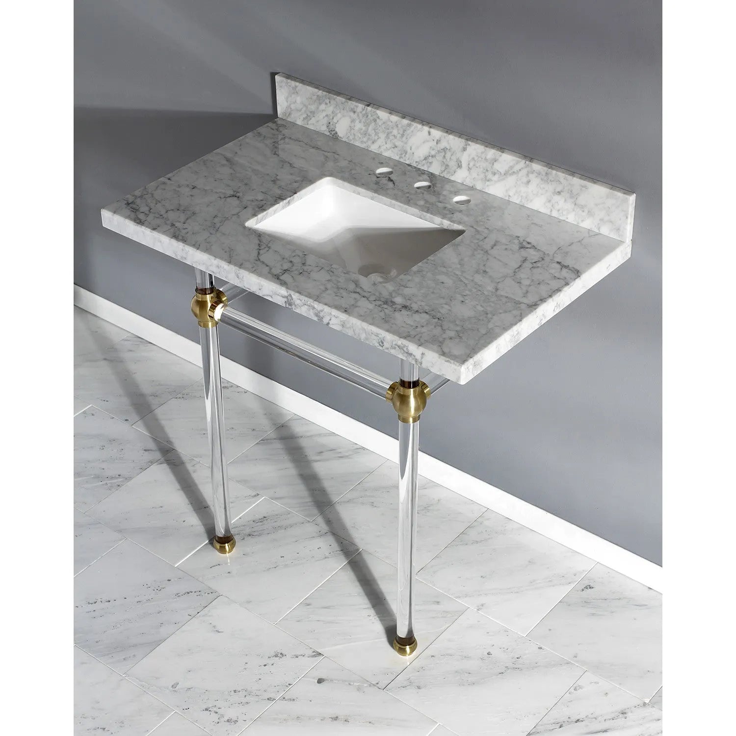 Kingston Brass Templeton 36" x 22" Carrara Marble Vanity Top with Clear Acrylic Console Legs in Brushed Brass