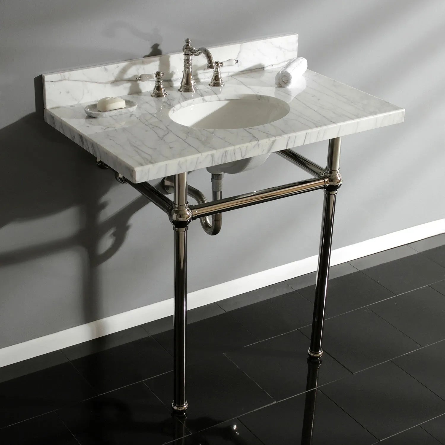 Kingston Brass Templeton 36" x 22" Carrara Marble Vanity Top with Brass Console Legs Carrara Marble/Polished Nickel
