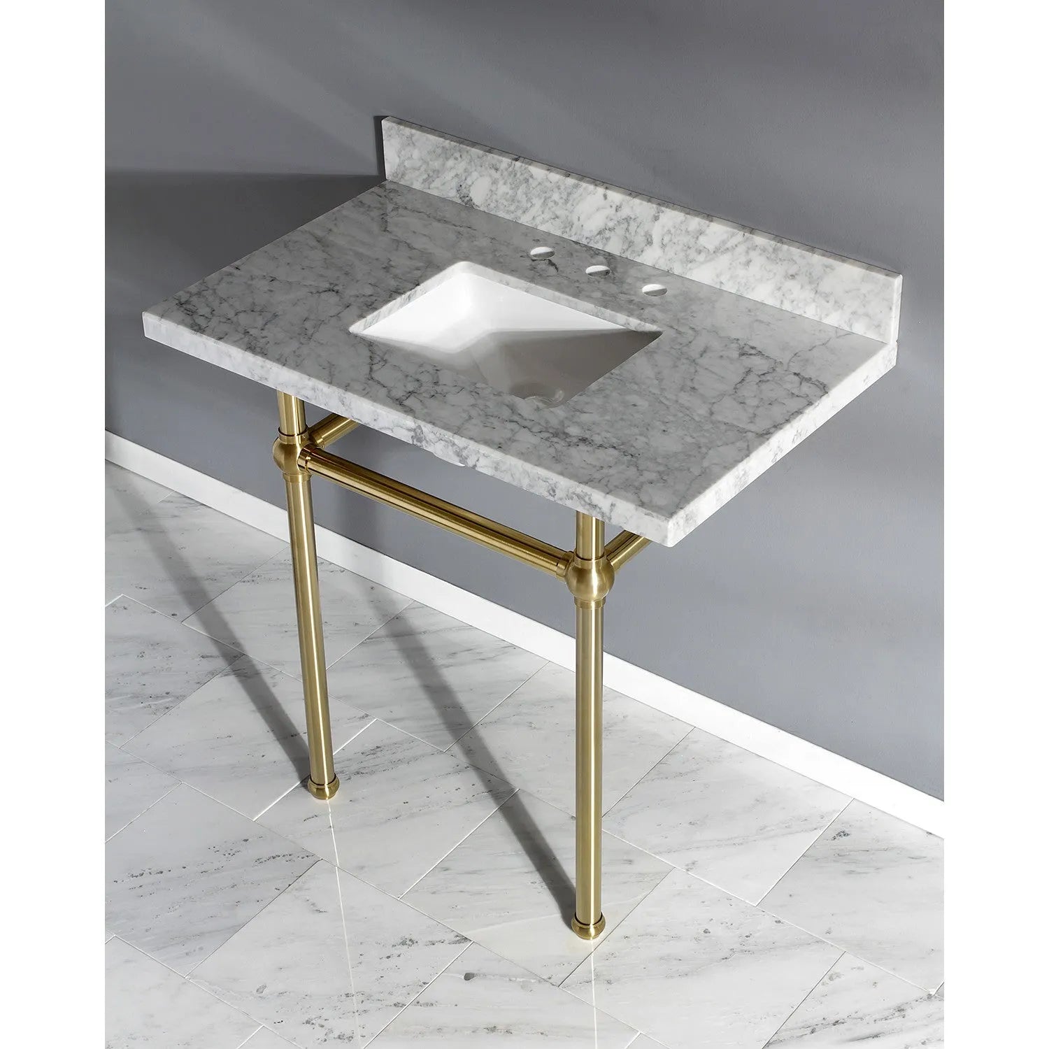 Kingston Brass Templeton 36" x 22" Carrara Marble Vanity Top with Brass Console Legs Carrara Marble/Brushed Brass
