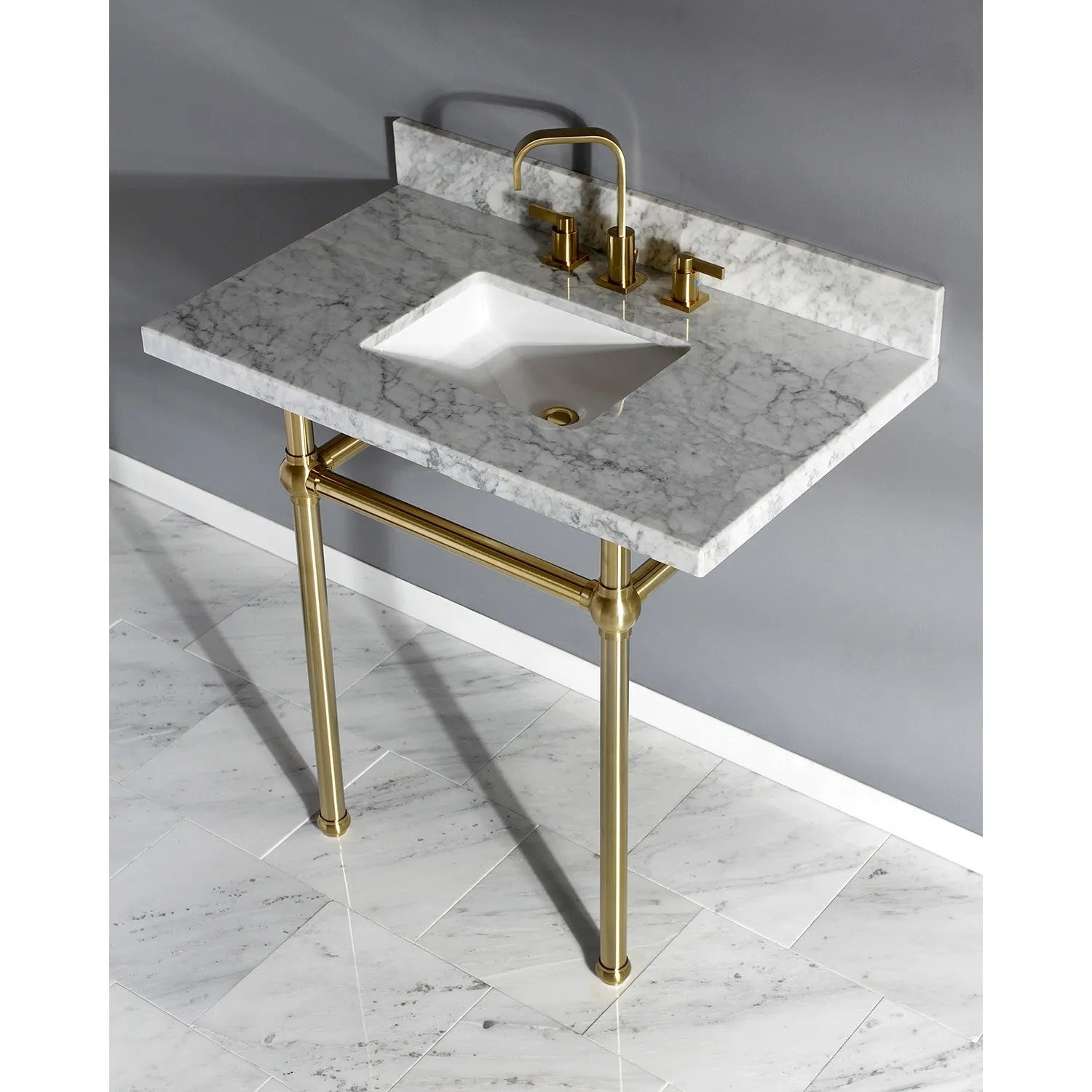 Kingston Brass Templeton 36" x 22" Carrara Marble Vanity Top with Brass Console Legs Carrara Marble/Brushed Brass