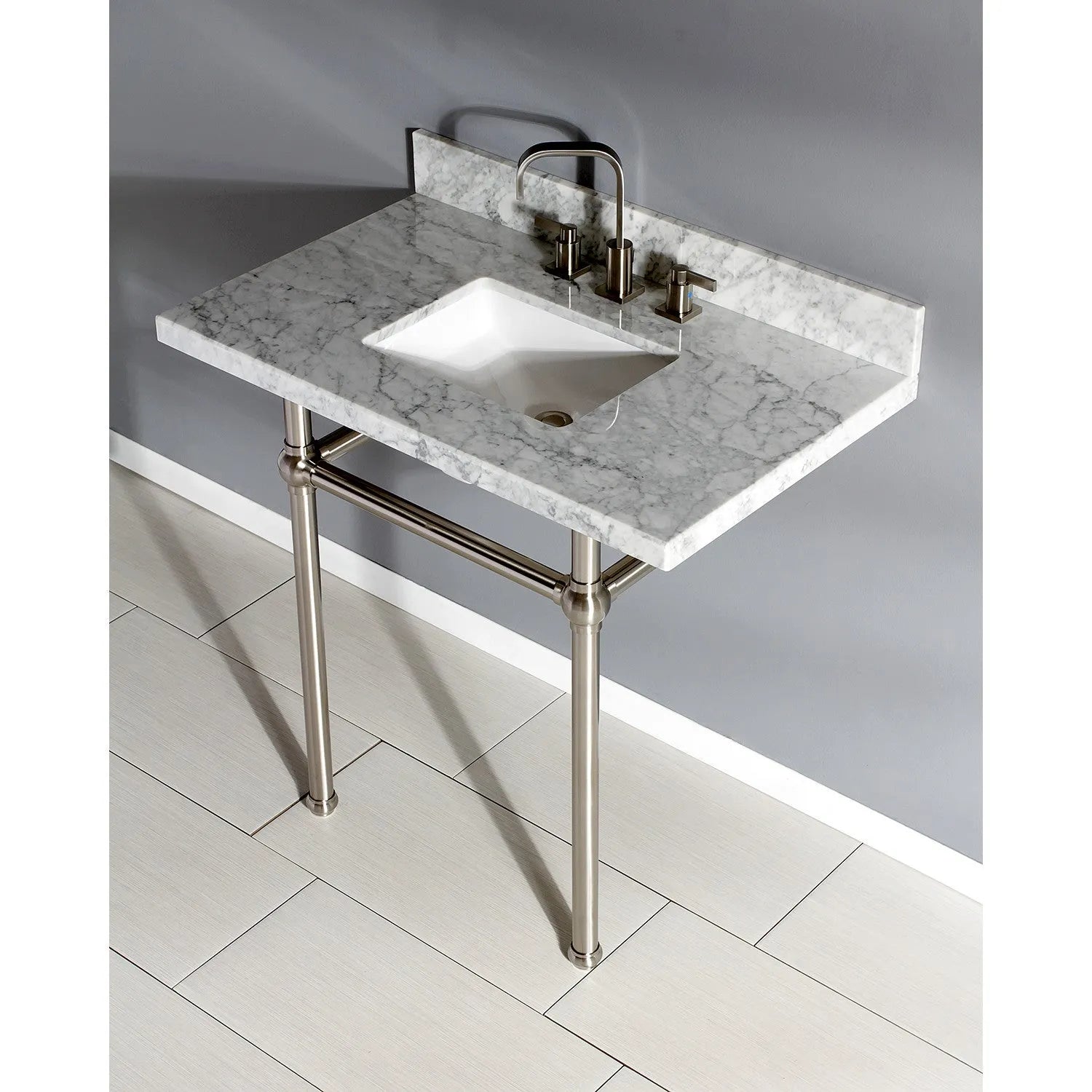 Kingston Brass Templeton 36" x 22" Carrara Marble Vanity Top with Brass Console Legs Carrara Marble/Brushed Nickel