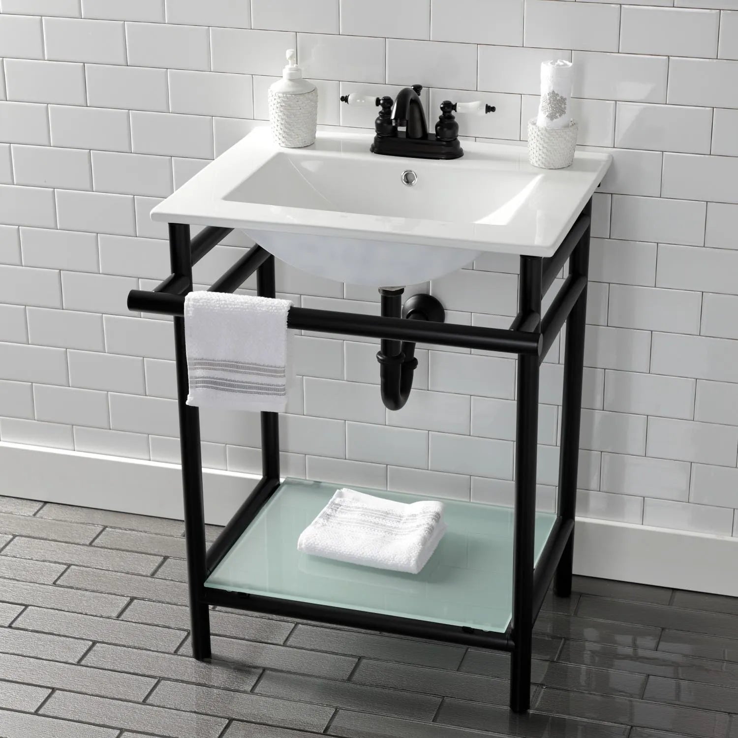 Kingston Brass 24-Inch Ceramic Console Sink (4-Inch, 3-Hole) White/Matte Black