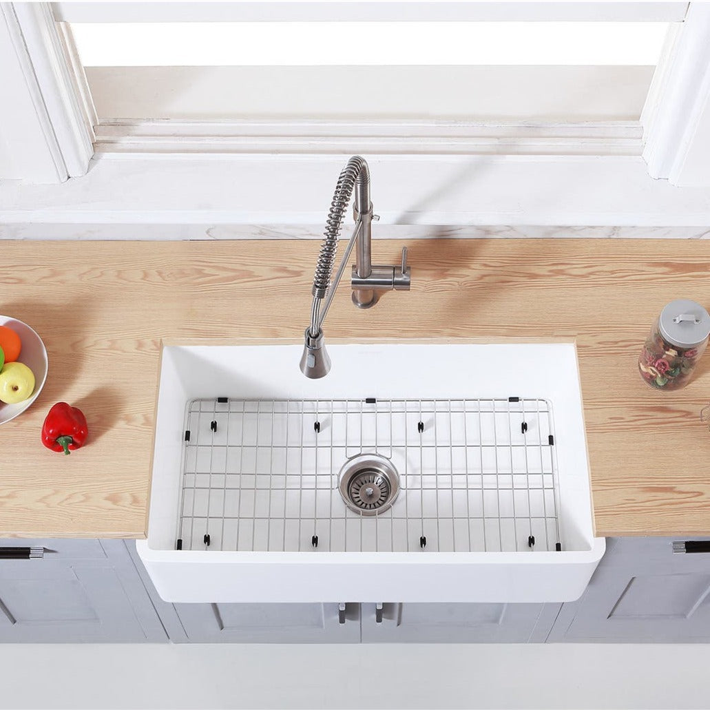 Kingston Brass 36 in. Farmhouse Kitchen Sink with Strainer and Grid, Matte White (KGKFA361810BC)