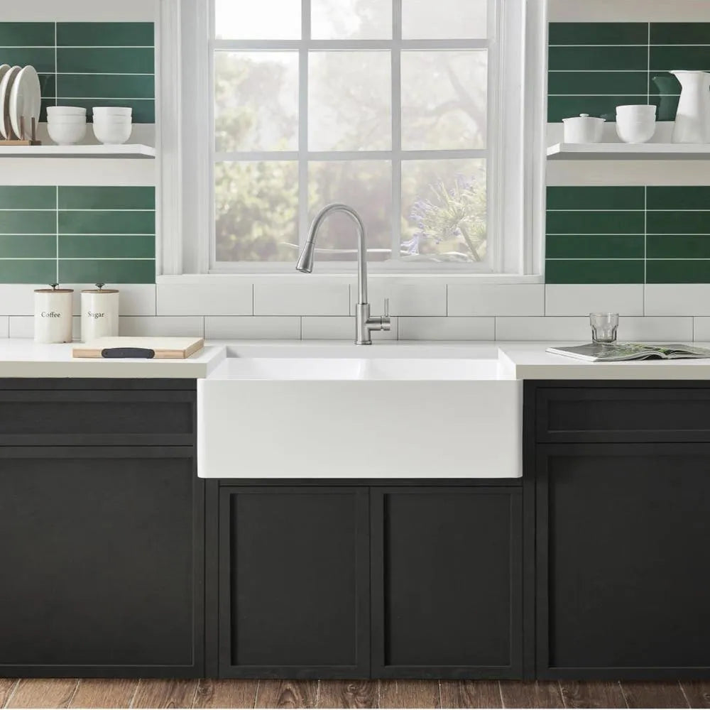 Kingston Brass Arcticstone 33 in. Solid Surface Farmhouse Kitchen Sink, Matte/Glossy White (GPFA331810BCD) Matte/Glossy White
