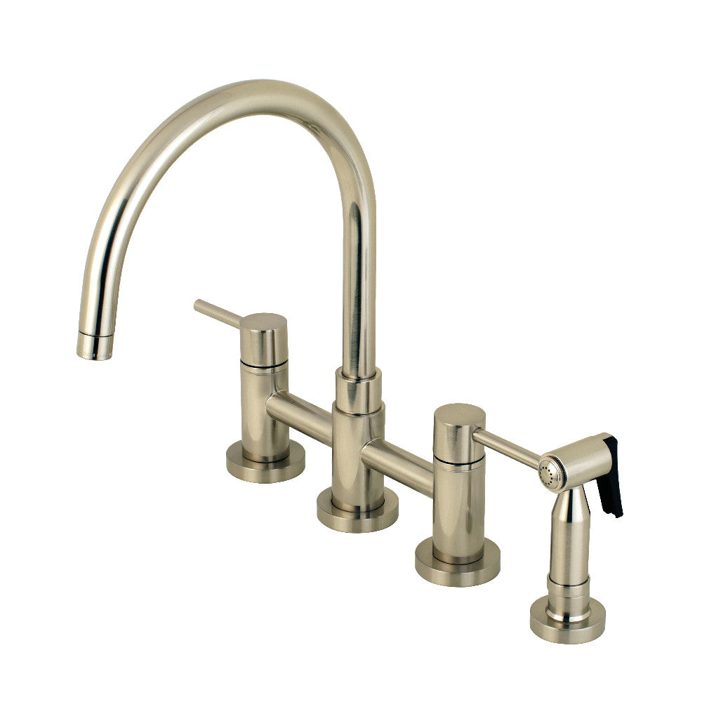 Kingston Brass Concord Two-Handle Bridge Kitchen Faucet with Brass Side Sprayer (KS8278DLBS) Brushed Nickel