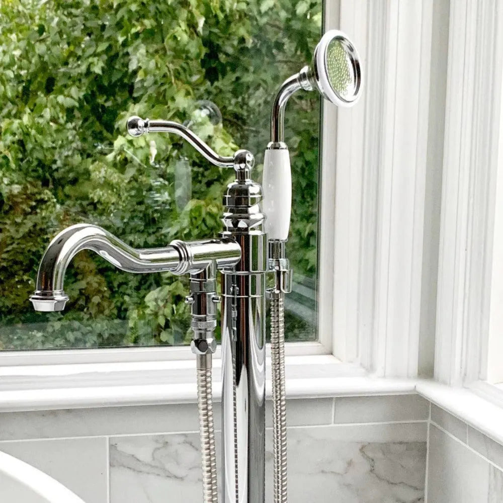 Kingston Brass English Country Freestanding Tub Faucet with Hand Shower (KS7131ABL) Polished Chrome