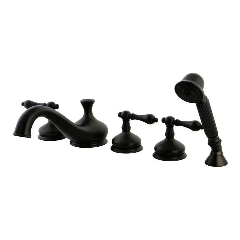 Kingston Brass Restoration Three-Handle 5-Hole Deck Mount Roman Tub Faucet with Hand Shower in Oil Rubbed Bronze (KS33355AL) main image.
