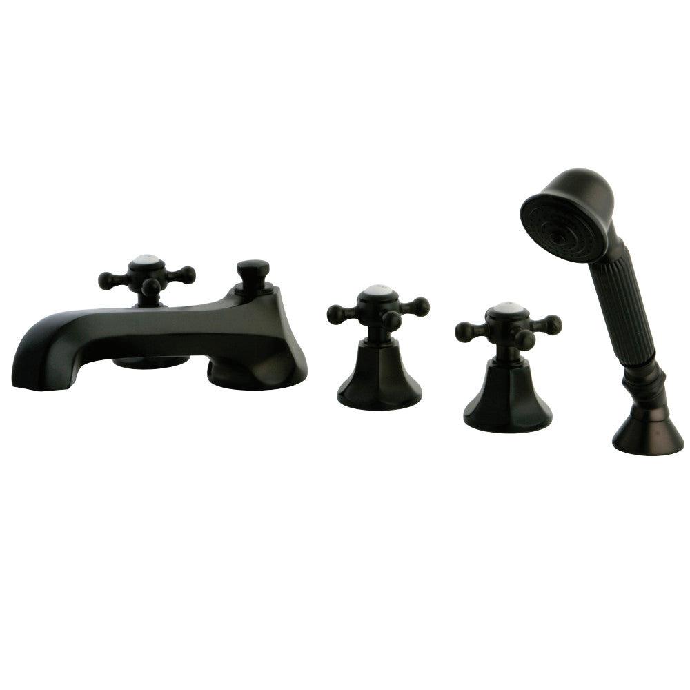Kingston Brass Three-Handle 5-Hole Deck Mount Roman Tub Faucet with Hand Shower in Oil Rubbed Bronze (KS43055BX) main image.