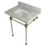 Kingston Brass Templeton 30" x 22" Carrara Marble Vanity Top with Clear Acrylic Console Legs in Brushed Brass
