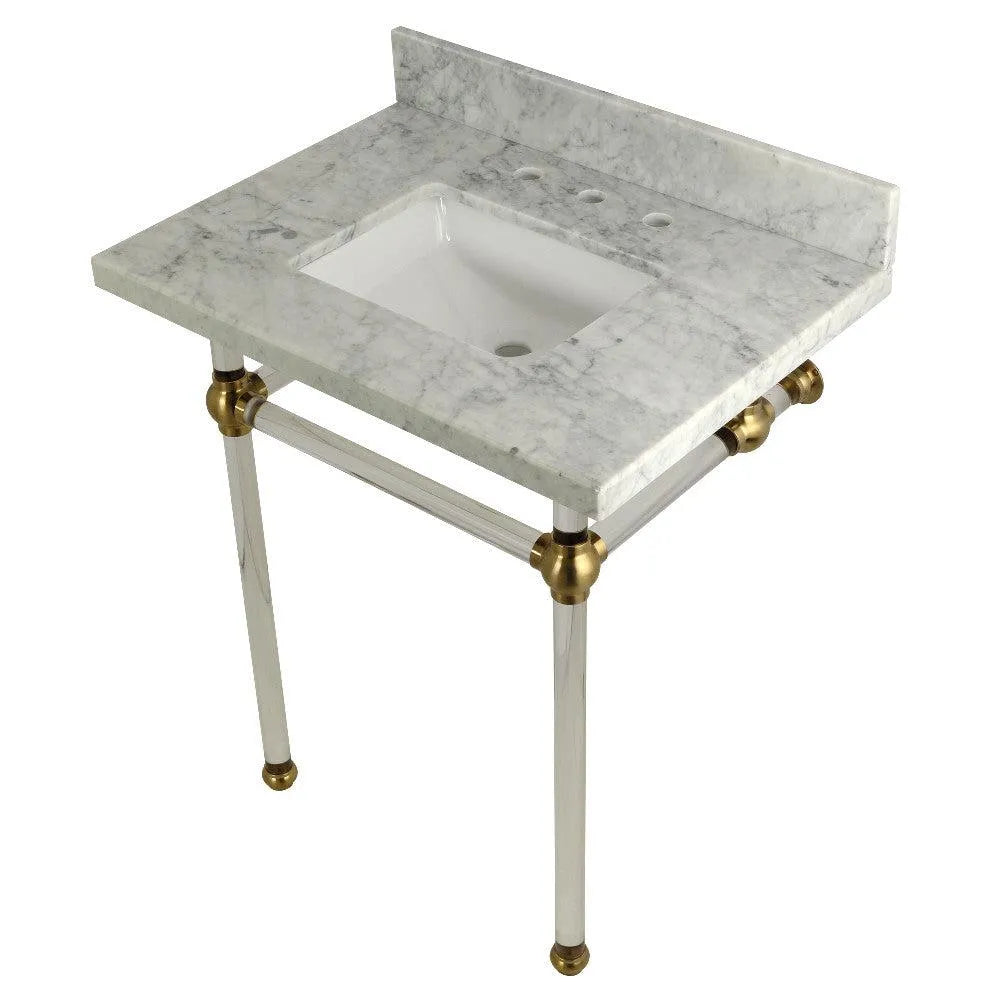 Kingston Brass Templeton 30" x 22" Carrara Marble Vanity Top with Clear Acrylic Console Legs in Brushed Brass