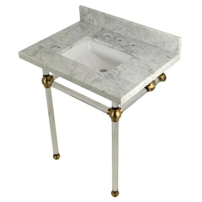 Kingston Brass Templeton 30" x 22" Carrara Marble Vanity Top with Clear Acrylic Console Legs in Brushed Brass