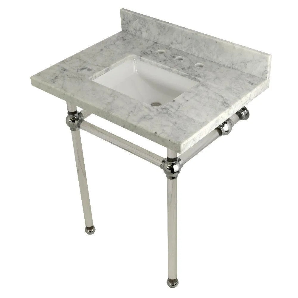 Kingston Brass Templeton 30" x 22" Carrara Marble Vanity Top with Clear Acrylic Console Legs in Polished Chrome