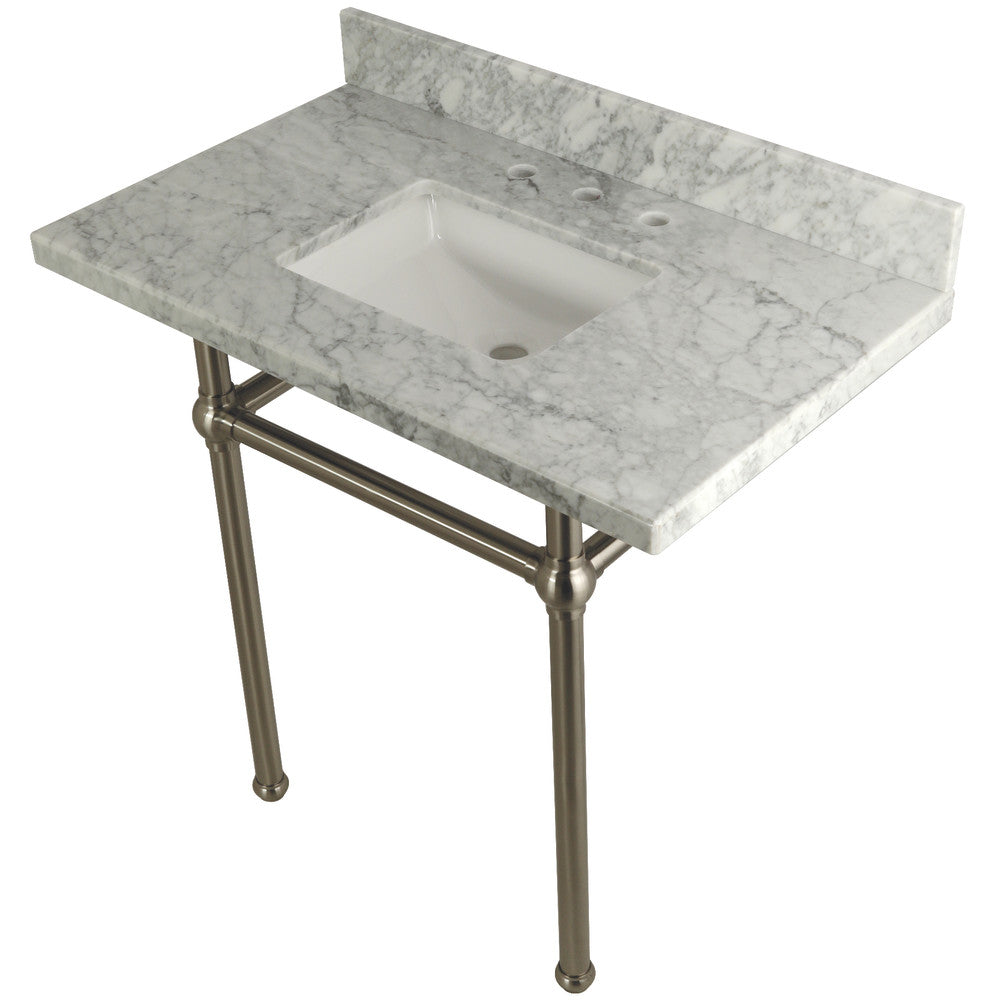 Kingston Brass Templeton 36" x 22" Carrara Marble Vanity Top with Brass Console Legs Carrara Marble/Brushed Nickel