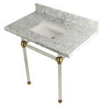 Kingston Brass Templeton 36" x 22" Carrara Marble Vanity Top with Clear Acrylic Console Legs in Brushed Brass